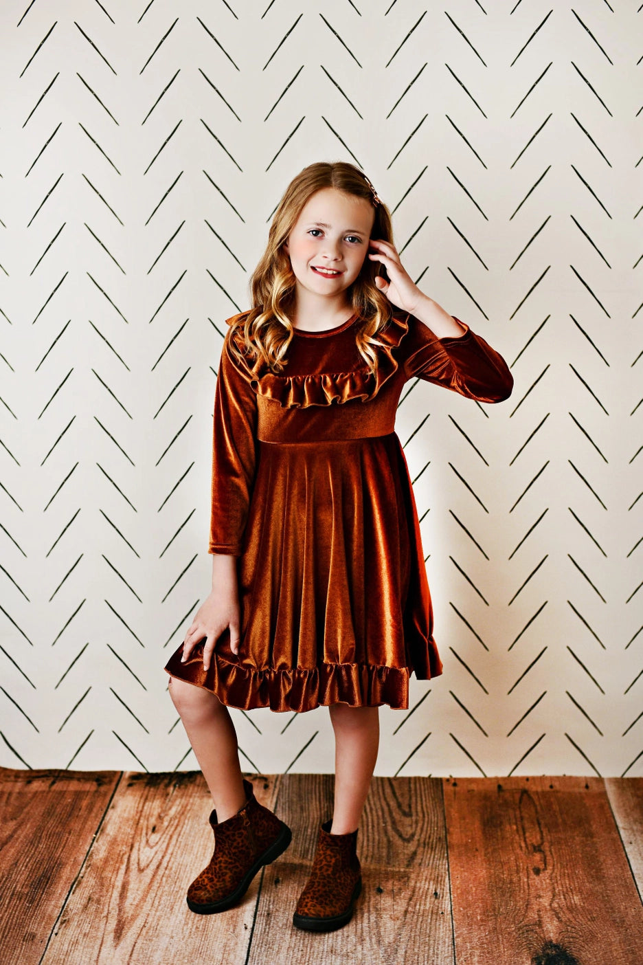 Copper Velvet Ruffle Dress