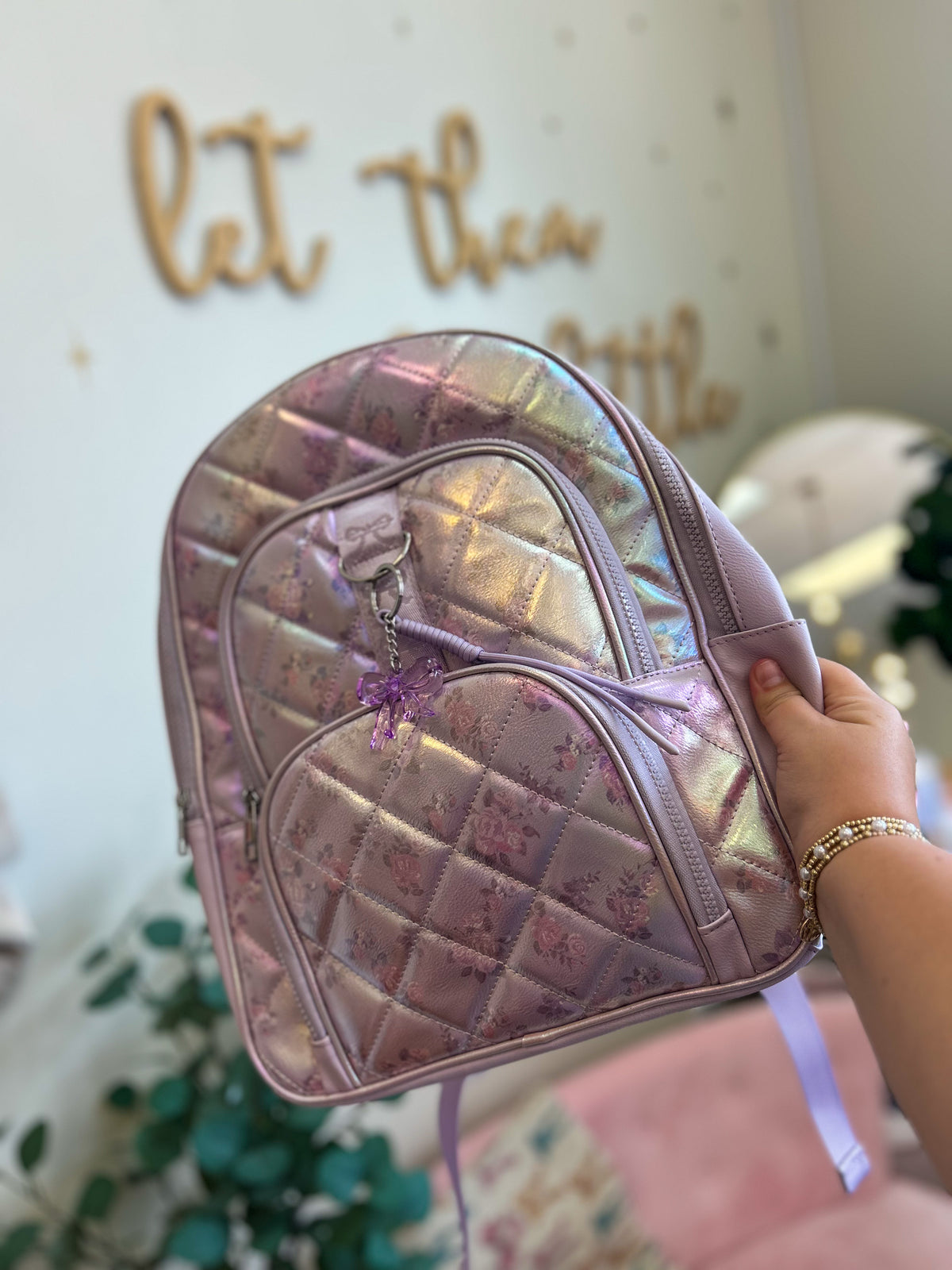 Metallic Floral Print Backpack