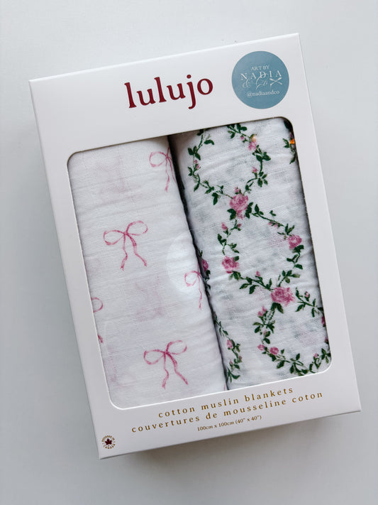 Lulujo Cotton Swaddles - Bows & Rose Trellis