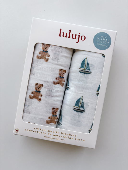 Lulujo Cotton Swaddles - Vintage Teddy Bears & Sailboats
