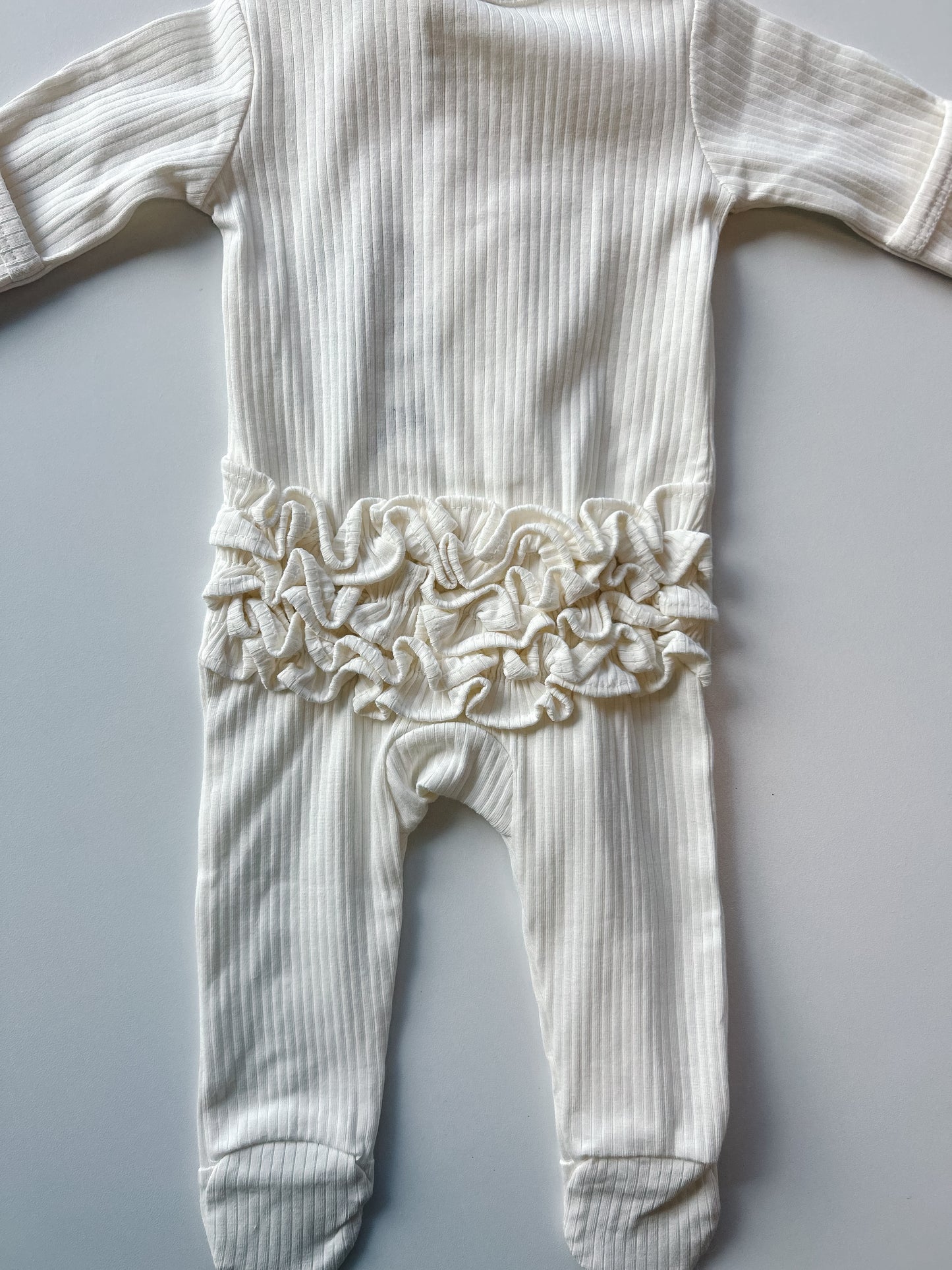 Ivory Ribbed Frill Zip Footie