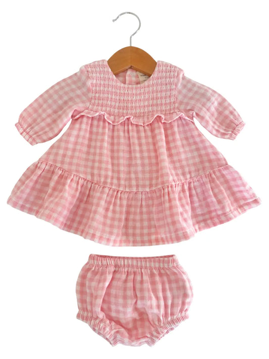 Smocked Ruffle Tiered Dress - Pink Gingham