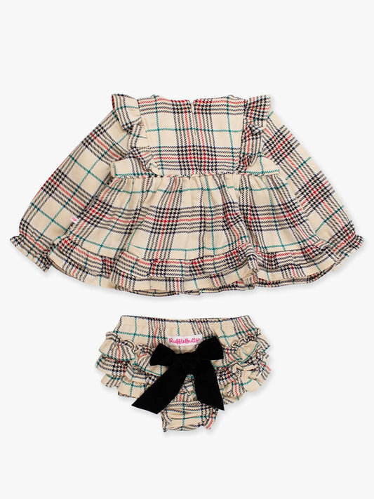 Plaid Long Sleeve Waterfall Bow Swing Top & Bloomer Set