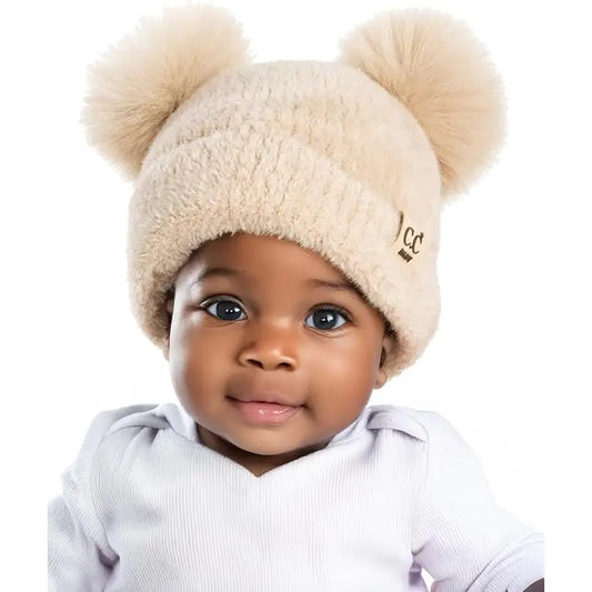 Infant Double Pom Chenille Beanie - Beige