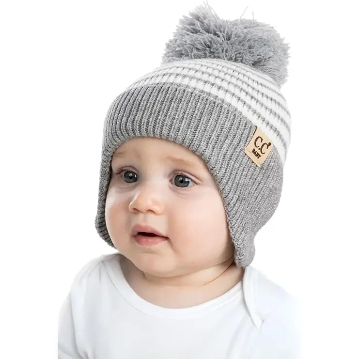 Infant Pom Striped Earflap Beanie - Grey/White