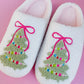 Adult Pink Bow Christmas Tree Slippers