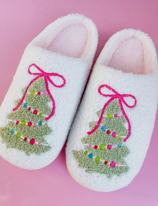 Adult Pink Bow Christmas Tree Slippers