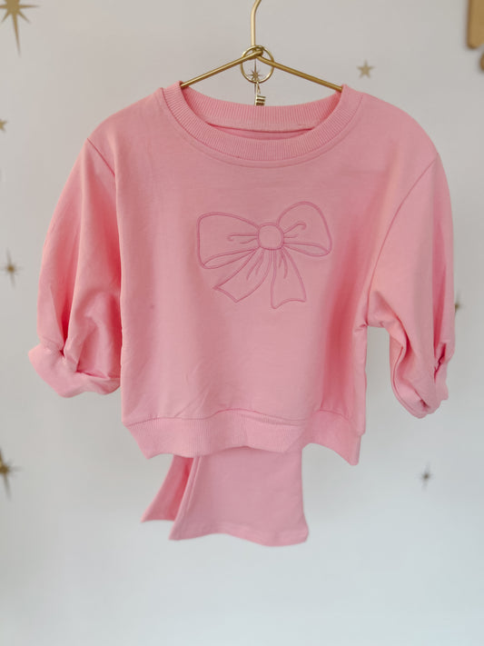 Embroidered Bow Lounge Set in Pink