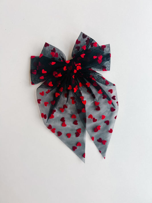 Black & Red Heart Tulle Bow Clip