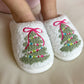 Kids Pink Bow Christmas Tree Slippers