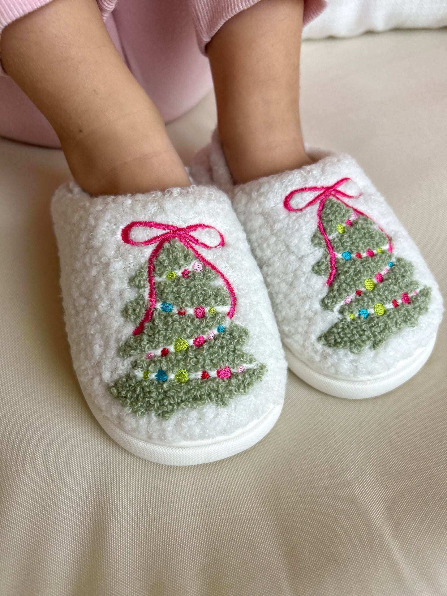 Kids Pink Bow Christmas Tree Slippers