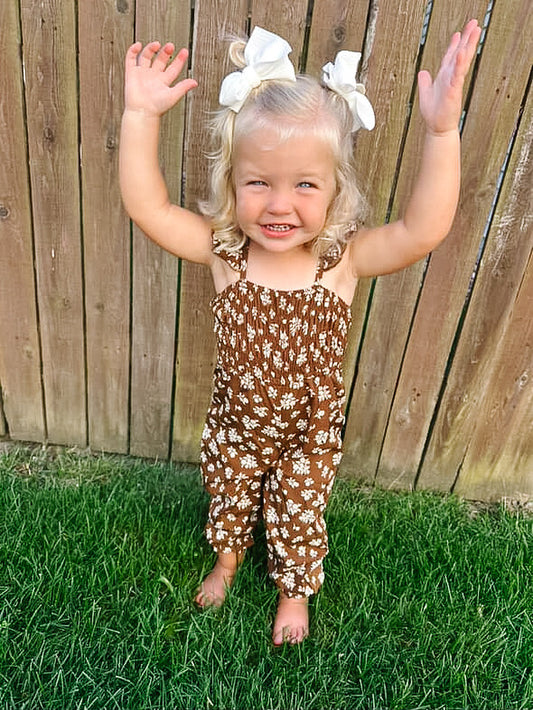 Smocked Ruffle Jumpsuit - Brown Floral