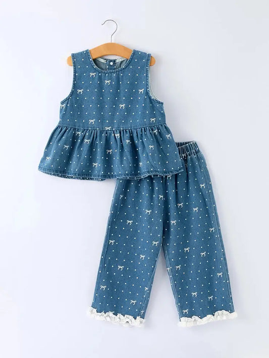 Denim Bow Ruffle Top & 3/4 Pants Set