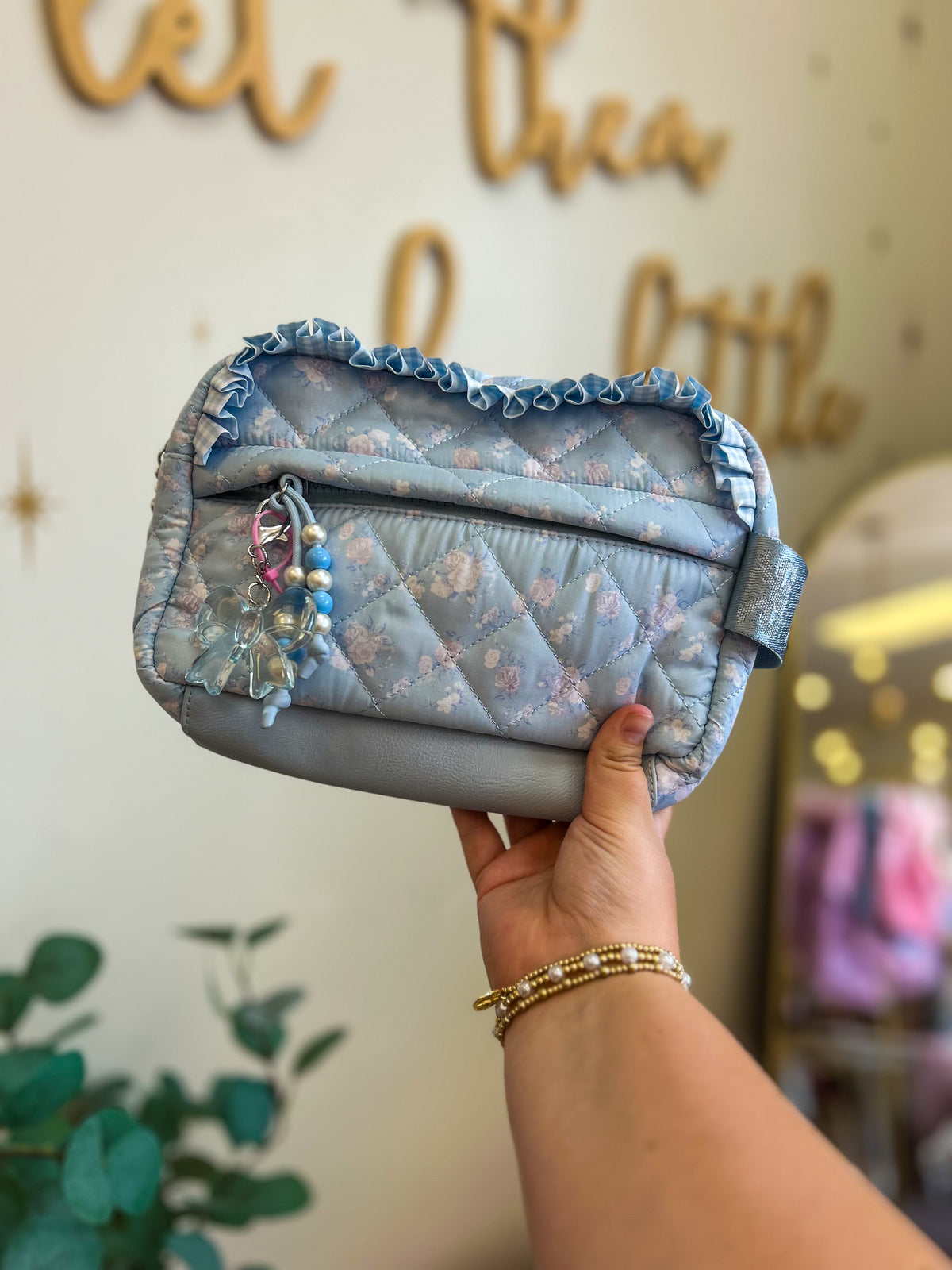 Quilted Blue Floral Ruffle Pouch