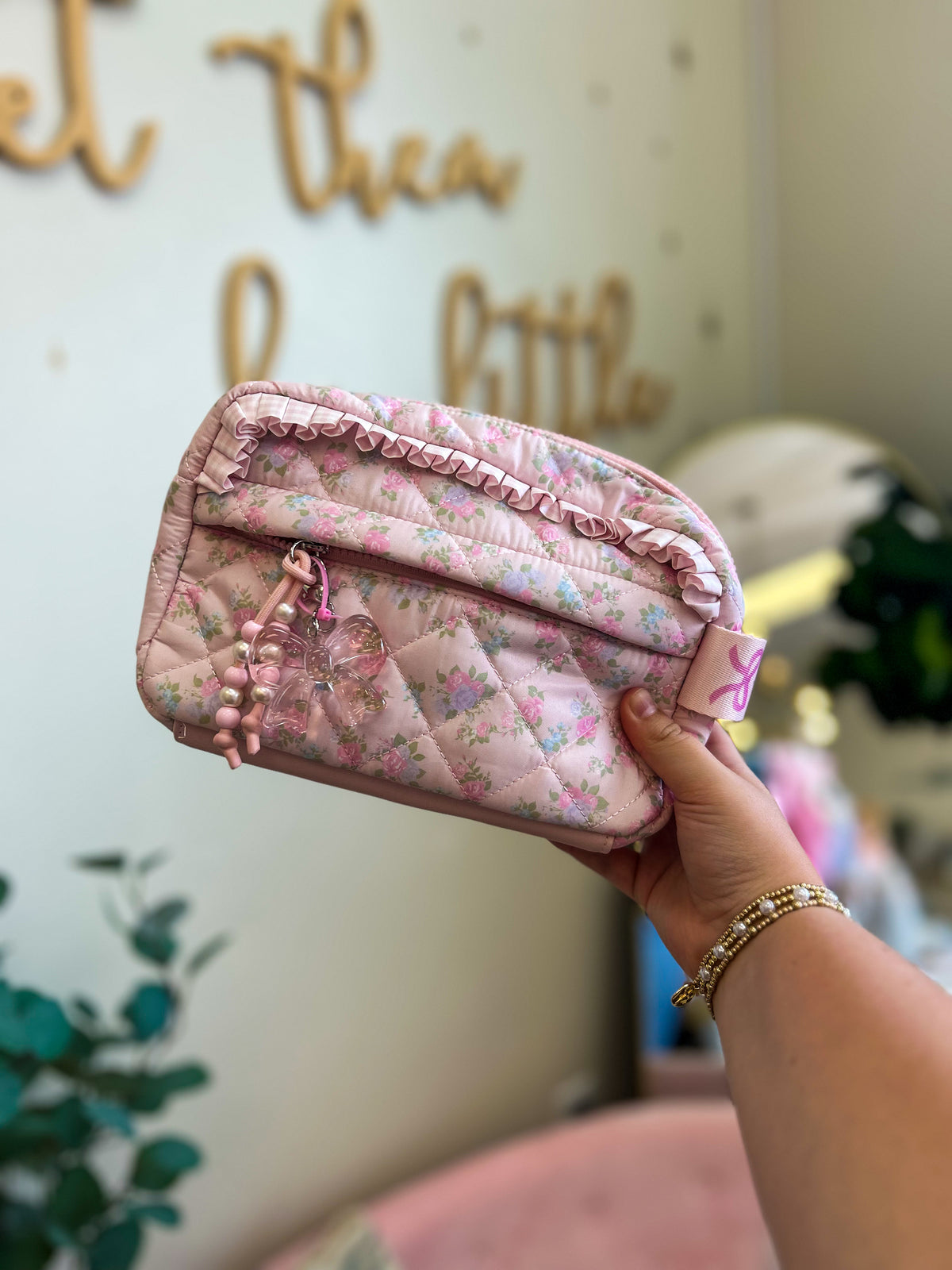 Quilted Pink Floral Printed Zipper Pouch