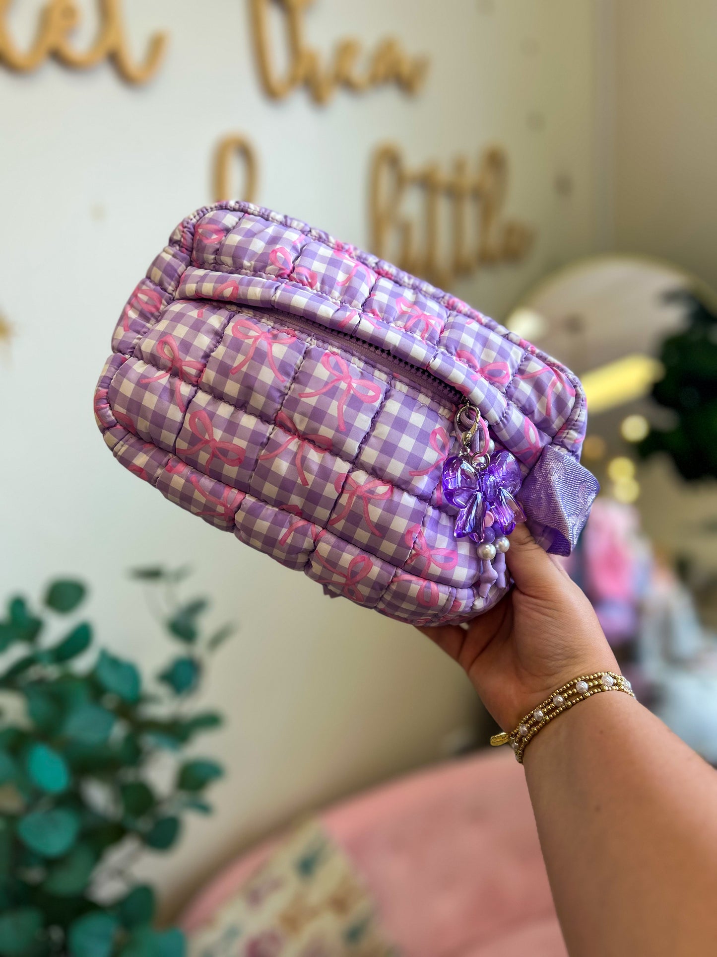 Quilted Purple Gingham Bow Zipper Pouch