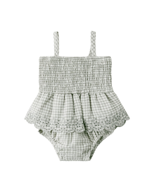 Smocked Skirted Romper Sage Gingham