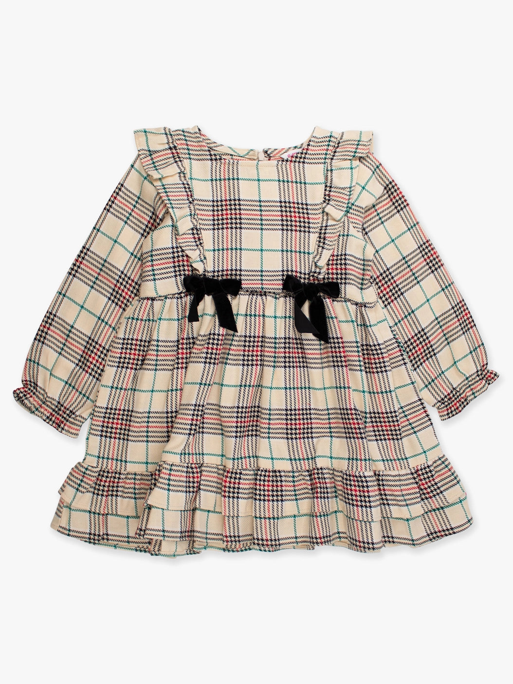 Plaid Woven Long Sleeve Waterfall Bow Dress